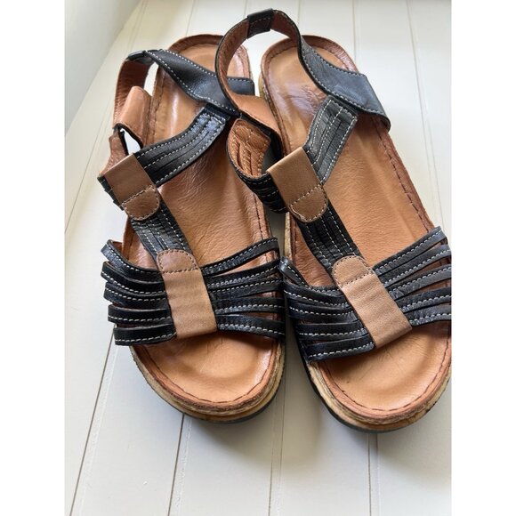 Spring Step Leather Comfort Fisherman Sandals Black Tan Women’s Size 7 - Picture 8 of 12